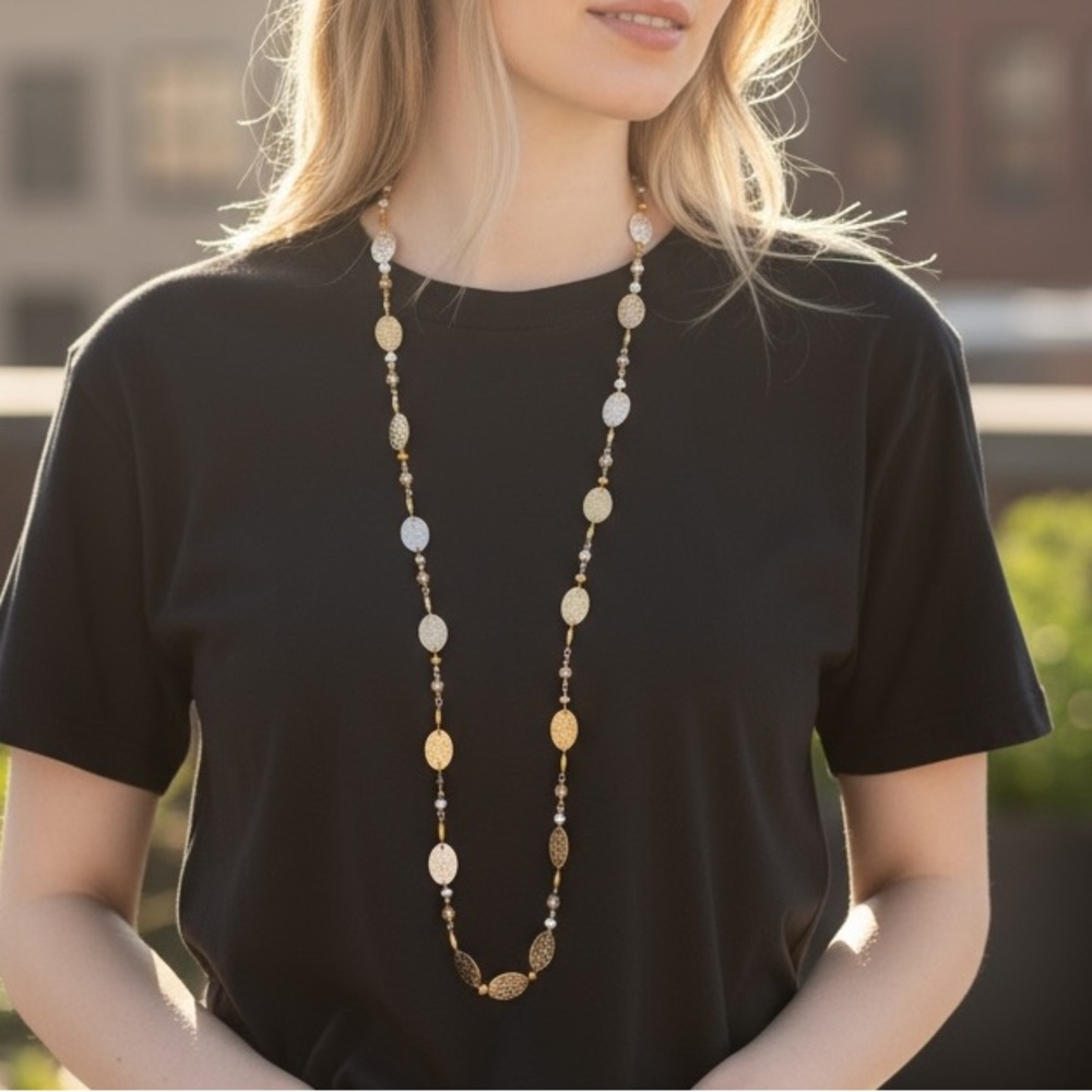 Estate Necklace |Hammered Gold Disc Beaded Chain Mixed Glass & Metal Boho Style